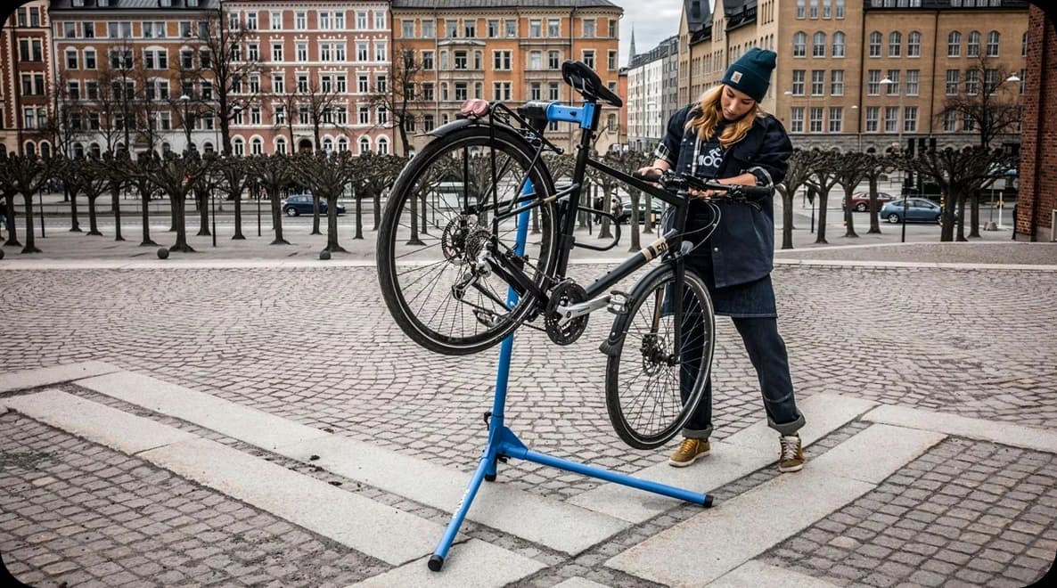 Cyklist som arbetar på en cykel med ett reparationsstativ utomhus